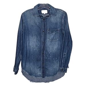 Current Elliot Prep School Blue Distressed Denim Shirt Frayed Hem size 0 or XS